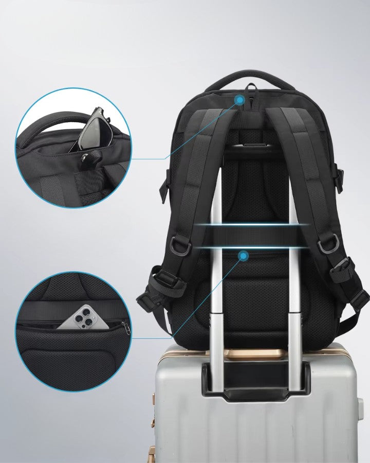 Sac à dos fixé sur une valise avec poche antivol arrière et passant pour trolley de voyage