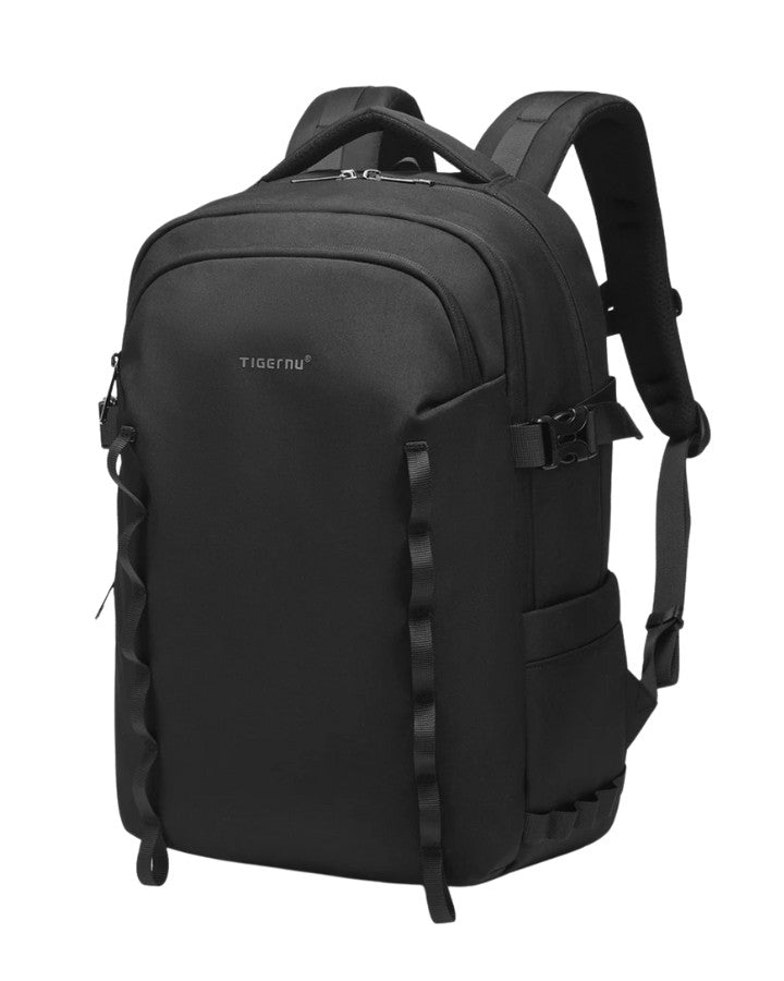 Sac à dos voyage et ordinateur noir avec design minimaliste et multiples poches de rangement