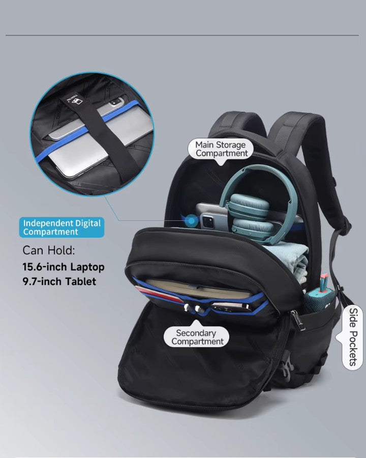 Sac à dos voyage et ordinateur noir avec compartiment principal ouvert pour ordinateur portable 15.6 pouces et tablette 9.7 pouces