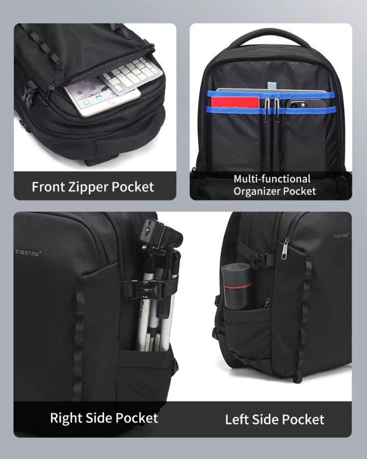 Compartiments intérieurs et poches latérales multifonctions d’un sac à dos de voyage pour ordinateur portable