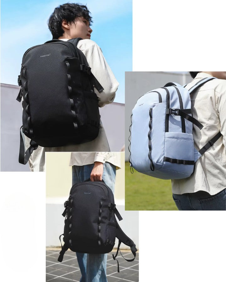 Sac à dos de voyage porté sur le dos en extérieur, modèle noir et bleu clair pour homme et femme
