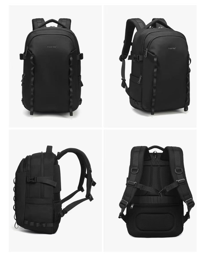 Vue avant, latérale et arrière d’un sac à dos voyage et ordinateur noir avec bretelles ergonomiques