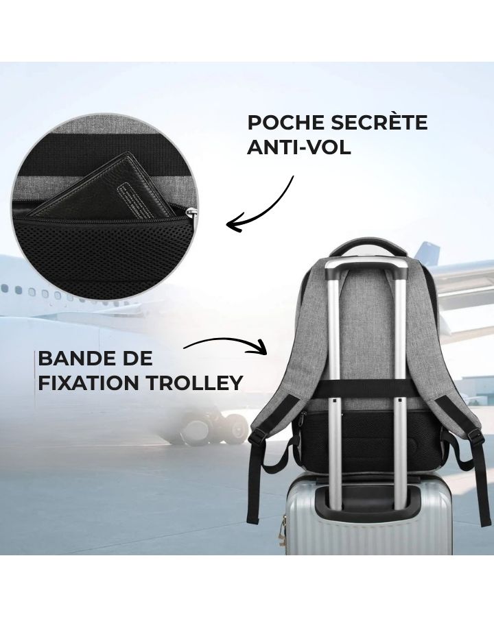 Sac à dos de voyage format cabine, poche secrète et fixation trolley