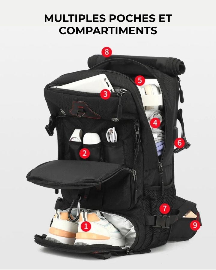 Sac à Dos de Voyage Multifonction, multiples poches et compartiments