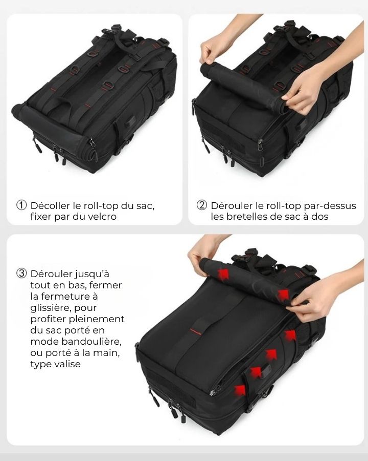 Sac à Dos de Voyage Multifonction, avec possibilité de ranger les sangles de sac à dos pour utiliser le sac en mode bandoulière ou valise à la main