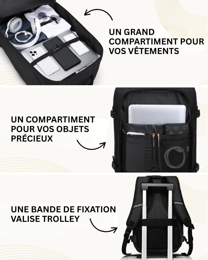 Sac Cabine 40 x 20 x 25 cm, plusieurs poches et compartiments, sangle fixation valise trolley