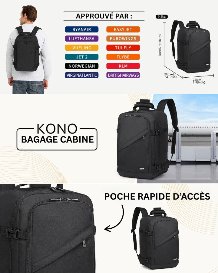 Sac Cabine 40 x 20 x 25 cm, approuvé par les compagnies aériennes